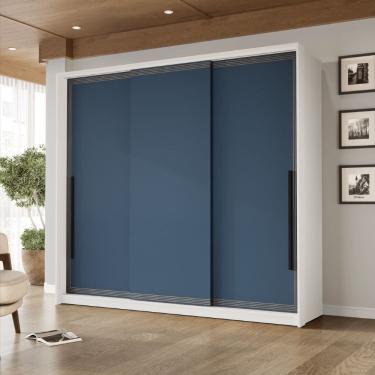 Imagem de Guarda Roupa Roupeiro 3 portas de correr 4 gavetas Valência Branco Azul Politorno Móveis