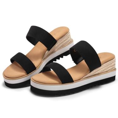 Imagem de Coutgo Sandálias femininas plataforma alpargatas salto plataforma confortável sem cadarço, bico aberto, sapatos de praia de verão, Lona preta, 39