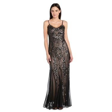 Imagem de R&M Richards Vestido feminino elegante enfeitado com lantejoulas | Maxi formal com alças finas brilhantes | Vestido de festa para noite esvoaçante, Preto/Nude, 46