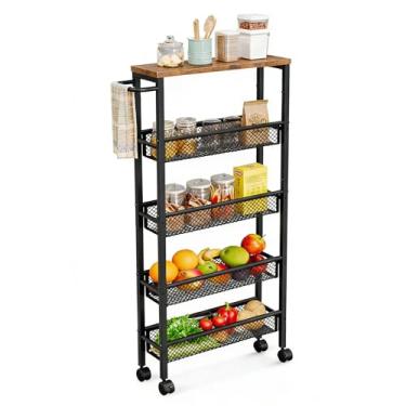 Imagem de AZERPIAN Carrinho de rodinhas fino, 5 andares, com tampo de placa de MDF e alça de metal para pequenos espaços, cozinha, sala de estar, escritório, despensa, banheiro, lavanderia (41,5 x 13 x 99,5 cm)