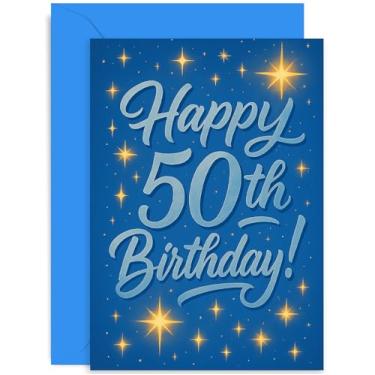 Imagem de Cartão tipográfico arrojado de aniversário de 50 anos para irmão marido filho pai primo amigo, presente de aniversário de 50 hoje, design retrô de estrelas azuis, para ele homens, em branco dentro com