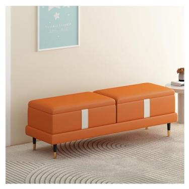 Imagem de Banco de armazenamento moderno - Otomano para quarto, extremidade da cama, banco moderno de couro sintético bancos de quarto para o pé da cama, banco estofado com pernas douradas decorativo (laranja