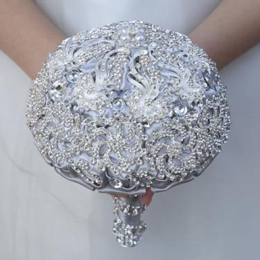 Imagem de Buquê de casamento com diamante artificial de luxo prateado, conjunto incluindo buquês, flores de pulso, corpete para o seu casamento com totalmente feito à mão (prata + cinza)
