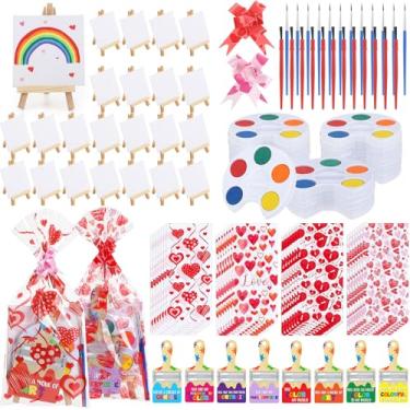Imagem de Pajean 28 Sets Valentines Day Craft Gifts Valentines Mini Painting Canvas Panel with Wooden Easel Watercolor Paints Brush Kit and Cards for School Classroom Exchange Gifts Art Party (Artist)
