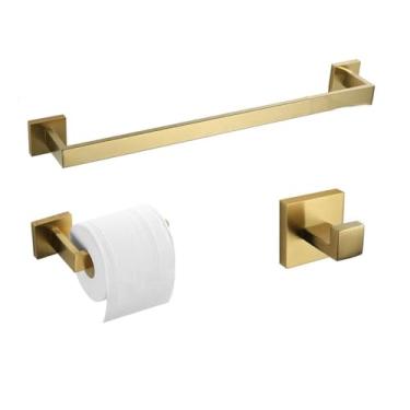 Imagem de Toalheiro escovado dourado, suporte de papel higiênico, suporte para toalhas, gancho, saboneteira, escova de vaso sanitário, acessórios de banheiro, ferragens, kit de 3 peças 50 cm