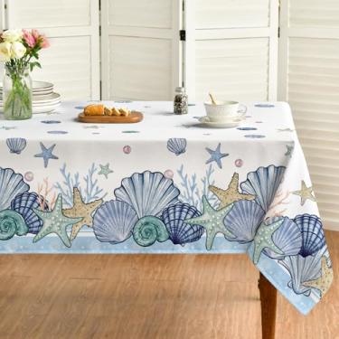 Imagem de Horaldaily Toalha de mesa de verão quadrada de 152 cm x 152 cm, aquarela azul concha, estrela-do-mar, algas marinhas, lavável, capa de mesa sazonal para decoração de festa, piquenique, jantar