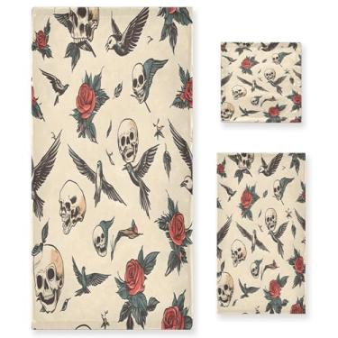 Imagem de xigua Conjunto de toalhas de banheiro vintage antigas tatuagens absorventes macias 3 peças toalha de banho toalha de mão toalhas decorativas para banheiro, academia, hotel, praia, piscina