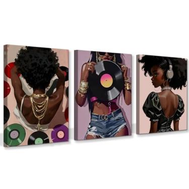 Imagem de Conjunto de 3 arte de parede em tela emoldurada de mulher negra, pôster com estampa de menina negra, boêmio, pintura afro-americana para decoração de casa, sala de estar, escritório, 30,5 x 40,64 cm