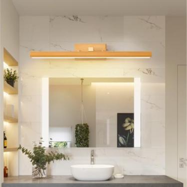 Imagem de Luminária de parede sobre espelho, LED, madeira, para banheiro, arandela giratória, dimerizável, 3 cores, iluminação de parede em madeira para espelho, ideal para banheiro, sala de estar e q