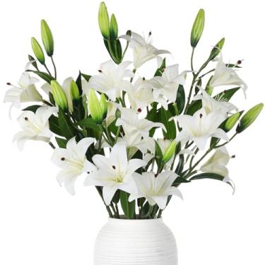 Imagem de Dingion 6 peças, 18 cabeças, flores de lírio artificiais, 70 cm, flores de lírio da páscoa, haste longa, buquê falso de látex, toque real, 3 cabeças de flores grandes e 3 botões para vaso alto,