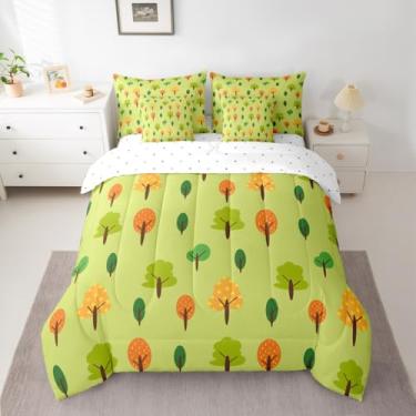 Imagem de jejeloiu Conjunto de edredom solteiro com animais da selva, botânico, 7 peças, decoração de quarto de fazenda, verde, laranja, microfibra leve e macia