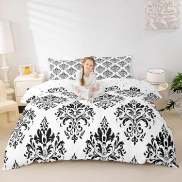 Imagem de Jogo de cama queen size vintage jacquard damasco floral exótico floral capa de edredom branco preto antigo clássico decoração de quarto roupa de cama respirável microfibra macia zíper, sem edredom