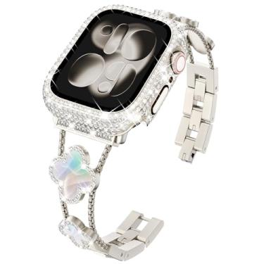 Imagem de KADES Pulseira de trevo de quatro folhas para Apple Watch Seris 10 de 42 mm com capa protetora de diamante completo [SEM protetor de tela] para Apple Watch Series 10 de 42 mm para mulheres, luz das