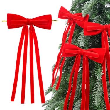 Imagem de Arcos de veludo de camada dupla com laços de torção longa, 6 peças de laços pré-fabricados para embrulho de presente, árvore de Natal, guirlanda, decoração de cornija (vermelho)