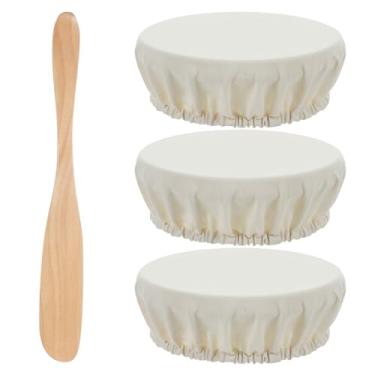 Imagem de Ouligay 4 peças de tampa de pote de massa fermentada com raspador de madeira, capas reutilizáveis de algodão para impermeabilização, capa de pano de pão respirável, não branqueada para tigela de 6 a