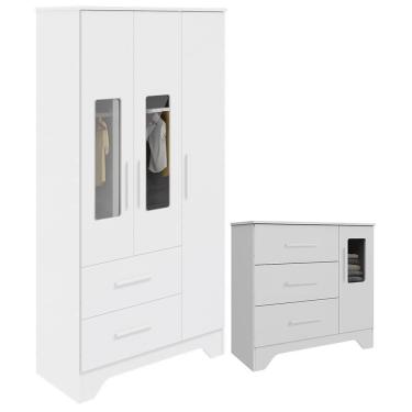 Imagem de Jogo De Quarto Infantil Popy Retrô Plus Com Janelas Guarda Roupa E Cômoda Branco Brilho - Móveis Peroba