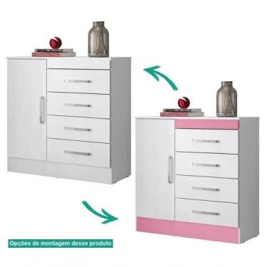 Imagem de Comoda 04 Gavetas Montevideu Branco Rosa Flex Branco Rosa - DEMÓBILE