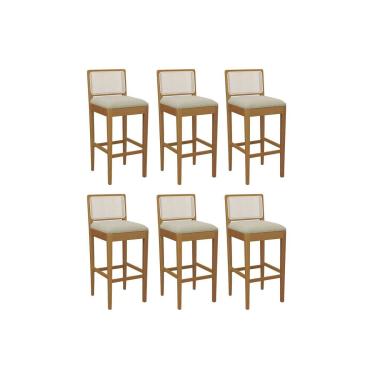 Imagem de Banqueta Cozinha Sara 1BMM005CA Premium Madeira Maciça Kit 6 Un Carvalho/Boucle Bege/Tela Bege Kappesberg