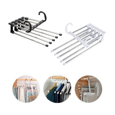 Imagem de Kit 06 Cabides Aço Inox com 5 Divisórias Retrátil Multiuso