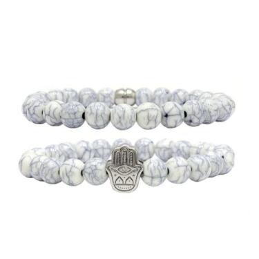 Imagem de Kit 2 Pulseiras de Bolinha Masculina Mão De Fátima Branco Rajado - Gra