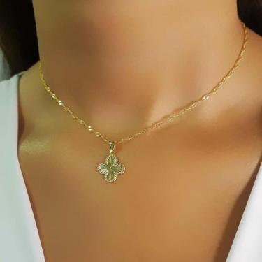 Imagem de Colar Singapura Flor 4 Pétalas Lisa com Detalhes Banhado a Ouro - Lazz