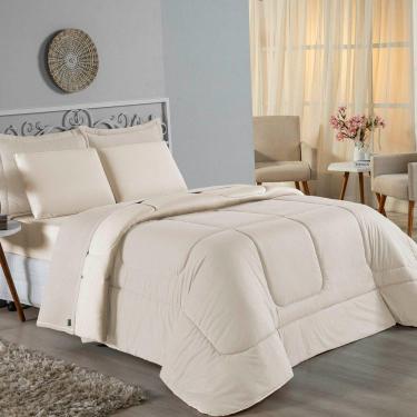 Imagem de Kit Edredom Dupla Face + Jogo De Lençol Solteiro Nobre 5 Peças Malha 100% Algodão - Palha