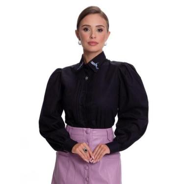 Imagem de Camisa Social Feminina Manga Bufante Bordado Moderna Teodoro, M, Azul 