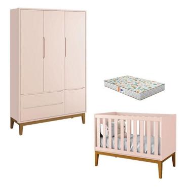 Imagem de Berço Americano E Guarda Roupa 3 Portas New Classic Rosa Com Pés Madeira E Colchão Gazin ? Reller