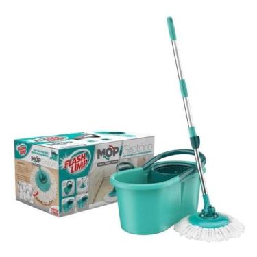 Imagem de Mop giratório flash limp cinza e verde microfibra água limpa inox