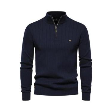 Imagem de Suéter Masculino De Algodão Quente Com Zíper, Gola Alta, Tricotado, Al