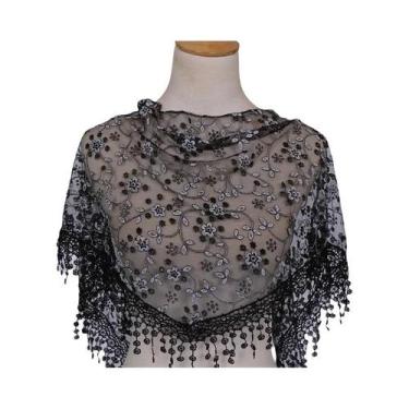 Imagem de Lenço Triangular Feminino 125x36cm Com Borlas, Bordado Floral Em Renda