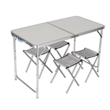 Imagem de Mesa Maleta Dobravel Em Aluminio Com 4 Cadeiras Portatil Grande 120x60cm Altura Ajustavel Camping Praia Com Banquinhos B