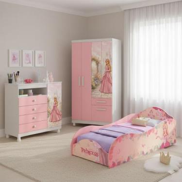 Imagem de Quarto Infantil Princesa Completo Rosa e Branco  Cama Solteiro, Guarda