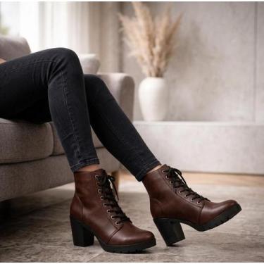 Imagem de Coturno Feminino Cano Alto Liso Cadarço Salto Alto Grosso Confortavel 