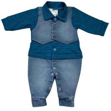 Imagem de Macacão bebe menino coletinho jeans - Pequeno Charme Moda Bebê, M, Azu