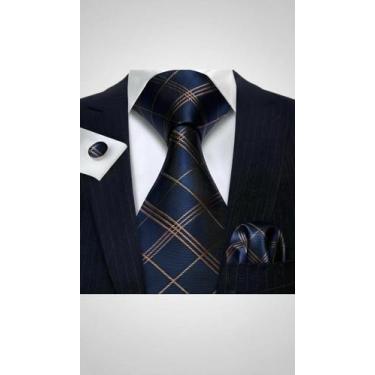 Imagem de Kit Gravata Xadrez Azul Marinho + Lenço + Abotoaduras - Congratulation