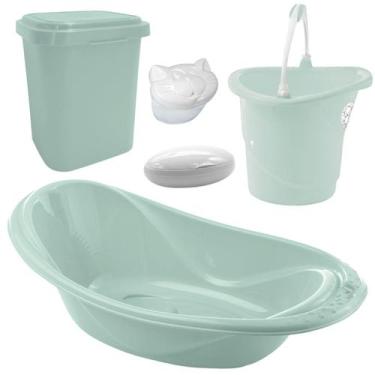 Imagem de Kit Banheira do bebê 5 Peças Adoleta Banheira 20l Lixeira Balde, Verde