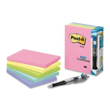 Imagem de Pacote de valor com notas pautadas Post-it em cores pastel sortidas com caneta bandeira gratuita, autoadesivo, repositio