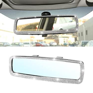 Imagem de Espelho retrovisor brilhante para carro, com strass e diamantes de cristal com vidro HD, espelho retrovisor traseiro de encaixe universal para carros, veículos, SUVs, acessórios de interior de carro para mulheres e meninas