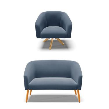 Imagem de Kit 1 Namoradeira E 1 Poltrona Base Madeira Azul Marinho