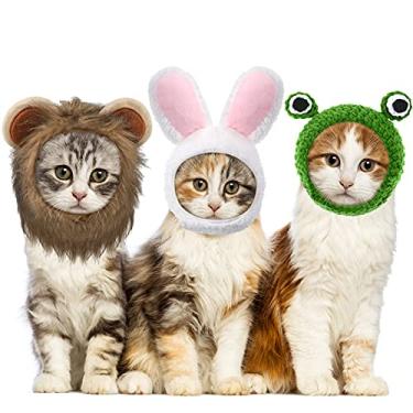 Imagem de 3 peças de chapéu de animal de estimação fofo, peruca ajustável de crina de leão, chapéu de coelho, chapéu de gato com orelhas de coelho, chapéu de leão, sapo, chapéu de cosplay para gatinho, animal d