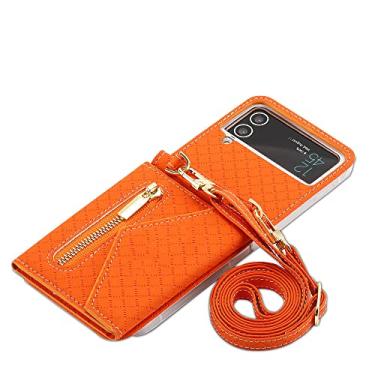 Imagem de Capa de celular transversal para Samsung Galaxy Z Flip 4 5G Flip4 Geométrico compartimento para cartões de crédito capa traseira de couro com cordão, laranja, para Galaxy Z Flip4 5G
