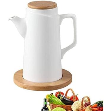 Imagem de Garrafa De Azeite Ou Vinagre Anti-vazamento, Dispensador De Garrafa De Azeite De Oliva De Cerâmica Artesanal, Tampa De Grão De Madeira 500ml, Lata De Armazenamento De Molho De Soja,Tábua De Madeir