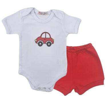 Imagem de Conjunto Body Manga Curta Bordado Carrinho e Short Tapa Fralda - Roupa Bebê Menino-Masculino