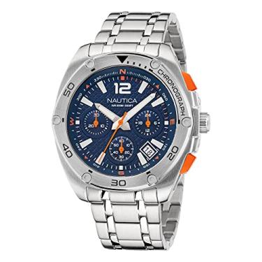 Imagem de Nautica Relógio masculino Tin Can Bay Chrono de aço inoxidável e pulseira de silicone azul (modelo: NAPTCF212), Prata/azul, Moderno