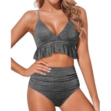 Imagem de Tempt Me Biquíni feminino de duas peças de cintura alta, babados, babados, controle de barriga, roupa de banho, Tecido preto brilhante, M
