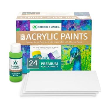 Imagem de Norberg & Linden Conjunto de tinta acrílica – Conjuntos de pintura acrílica e em tela para adultos, adolescentes, crianças – Kit de pintura de artesanato de qualidade premium com suprimentos – Inclui 24 cores vivas, 3 painéis de tela
