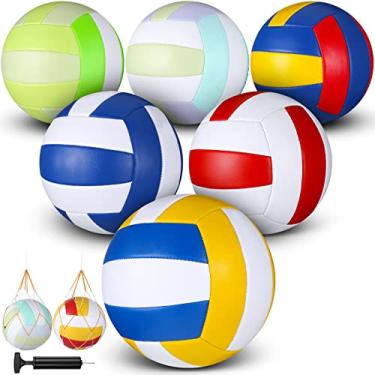 Imagem de Woanger 6 bolas de vôlei, tamanho oficial, 5, à prova d'água, voleibol recreativo macio com bomba e bolsa de rede, academia de esportes de praia para ambientes internos e externos (azul, amarelo