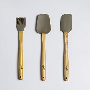 Imagem de Kymbie Conjunto de 3 peças de cabo de madeira e espátula de silicone, pastelaria, pincel para churrasco (Portabello (cinza))