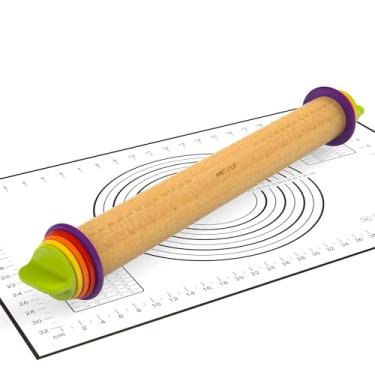 Imagem de Mepple Rolo de massa com anéis espessos e tapete de pastelaria, rolo de massa de madeira ajustável de 34,5 cm para assar pizza de biscoito, vem com grande tapete de silicone para pastelaria,